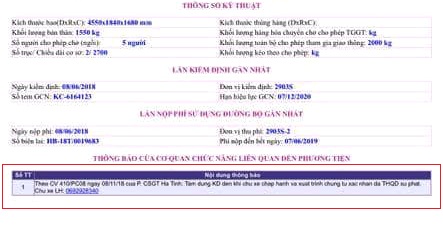 Xe bị phạt nguội khi có dòng thông báo khoảng đỏ phía trên.